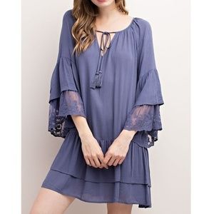 Crinkle Lace Layered Ruffle Sleeve Tunic Dress